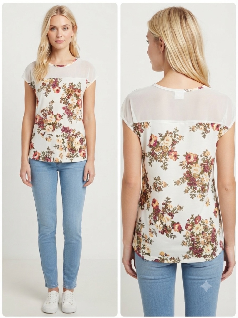 Discreet Floral Sheer Yoke Short-Sleeve Tee in White